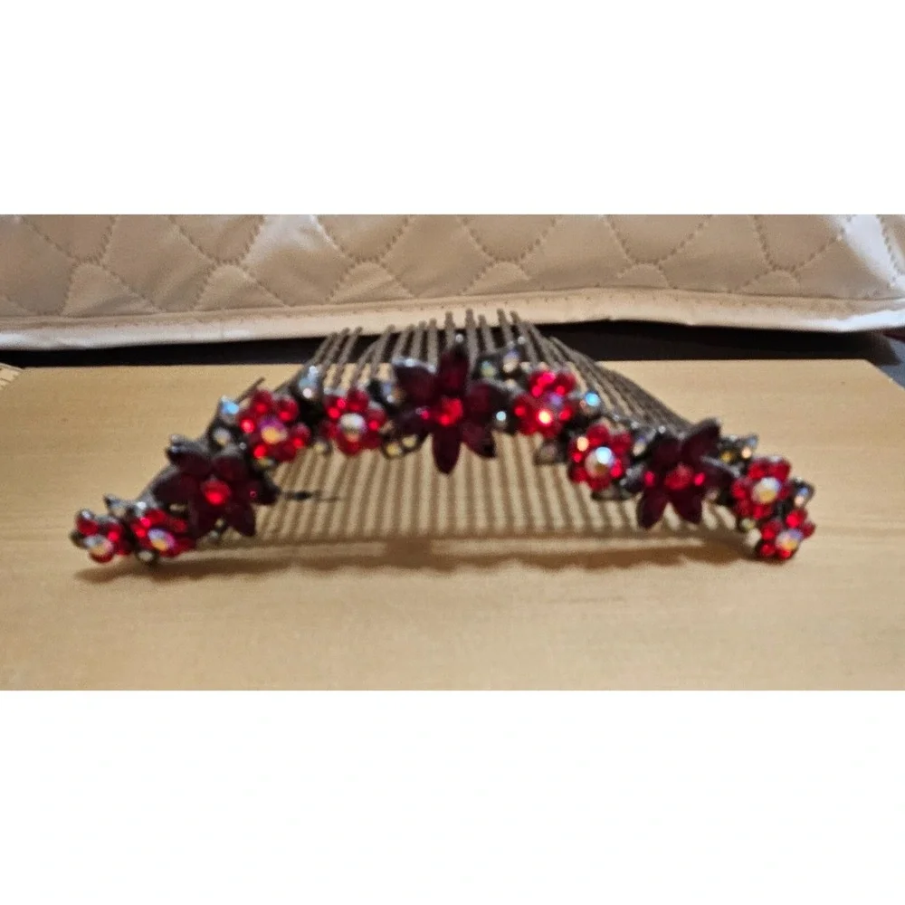 Rhinestone RED Flower‎ Hair Comb Red Crystal Bridal Headpiece Prom Y2K